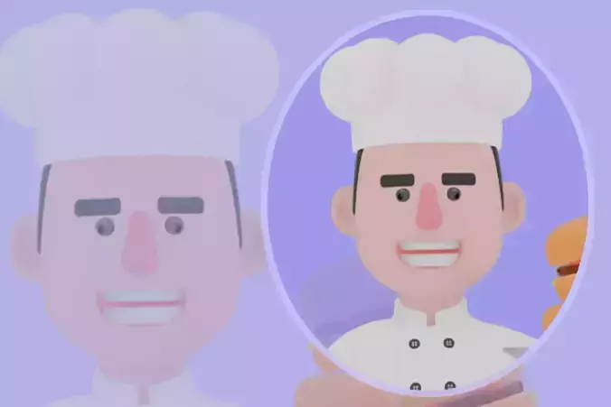 Stylized 3D Male Chef Character - Cook Sitting with Burger Plate