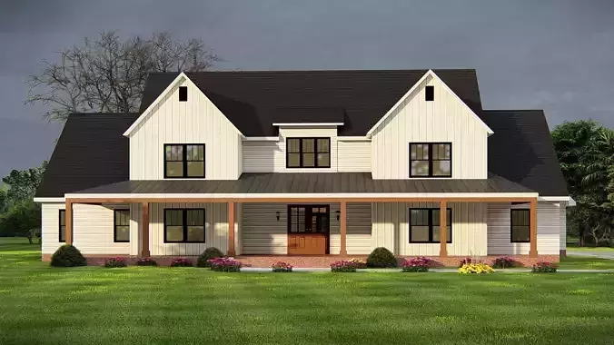 Modern Farmhouse Exterior with Front Porch and Black Roof