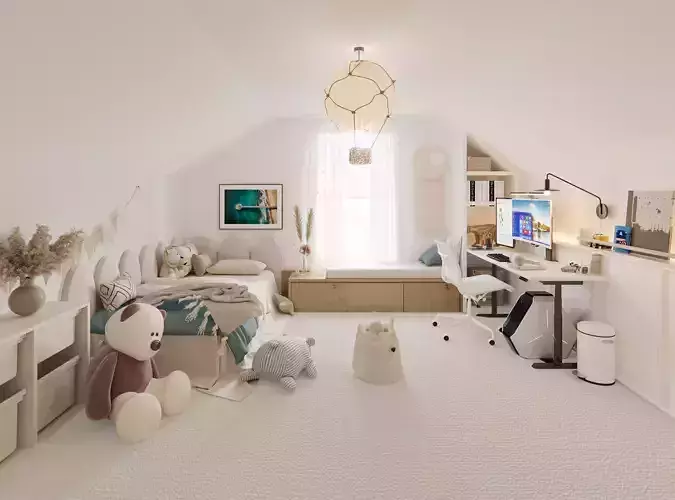 Cozy and Bright Kids Bedroom Interior with Study 3d virtual Tour