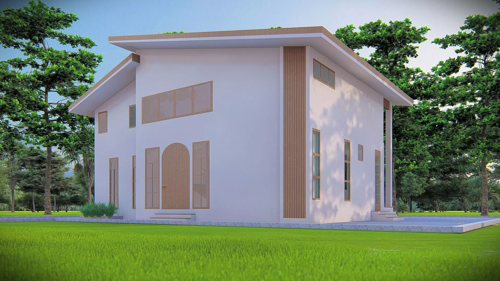 Contemporary Modern House Exterior 3D Model with Sloped Roof 3D model_2