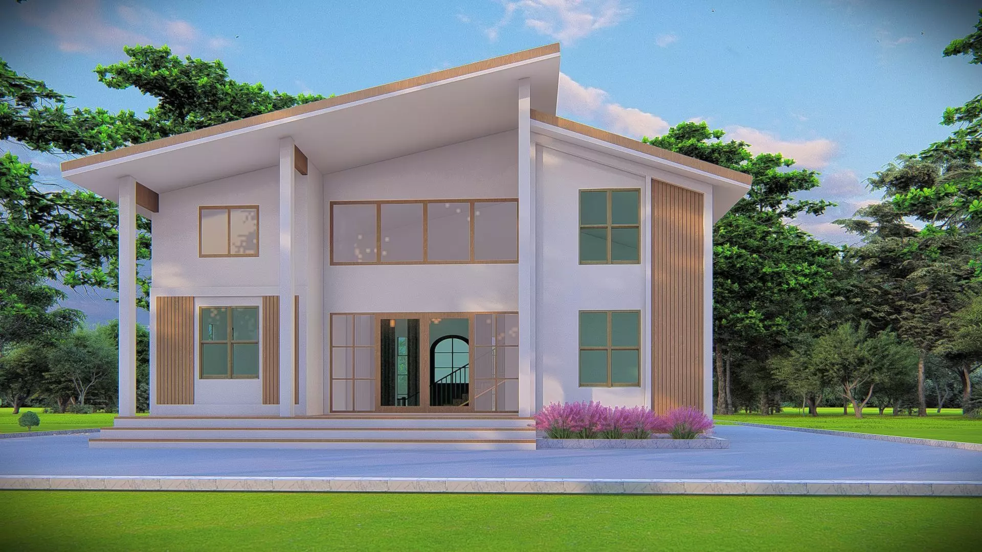 Contemporary Modern House Exterior 3D Model with Sloped Roof 3D model_0