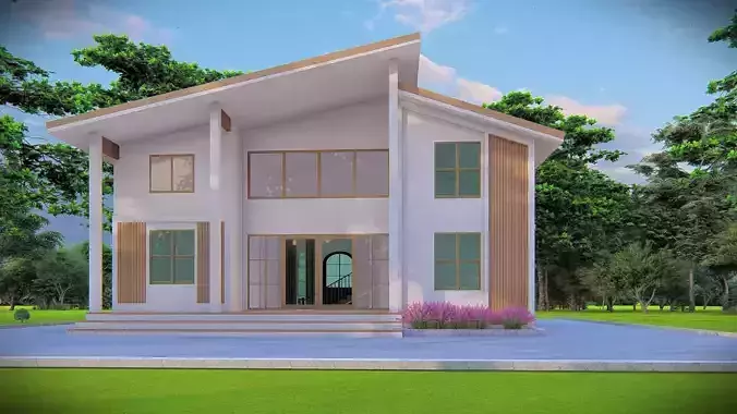 Contemporary Modern House Exterior 3D Model with Sloped Roof 3D model