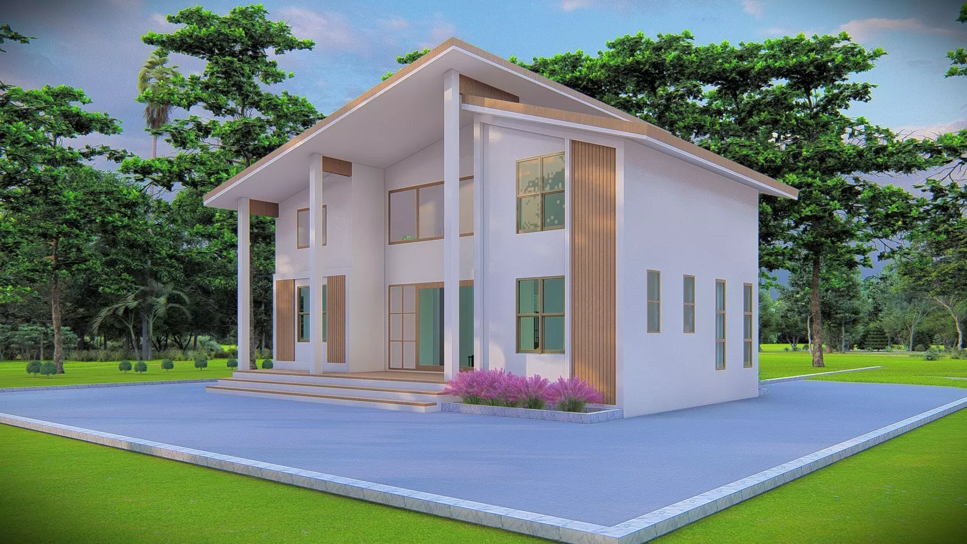 Contemporary Modern House Exterior 3D Model with Sloped Roof 3D model_3