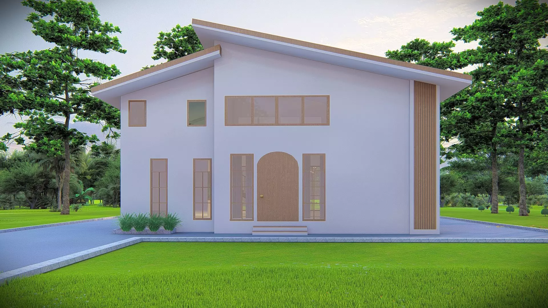 Contemporary Modern House Exterior 3D Model with Sloped Roof 3D model_4