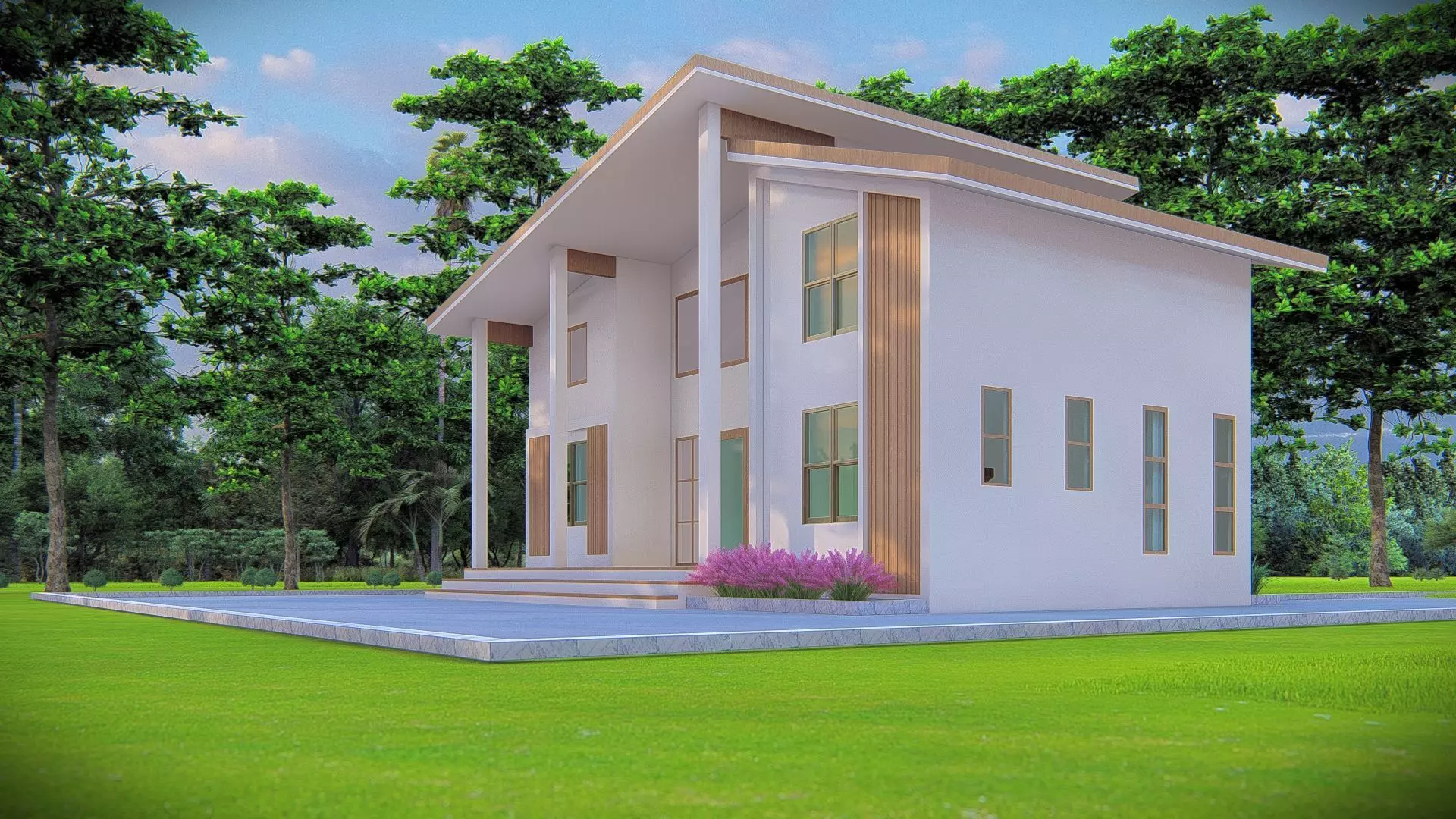 Contemporary Modern House Exterior 3D Model with Sloped Roof 3D model_1