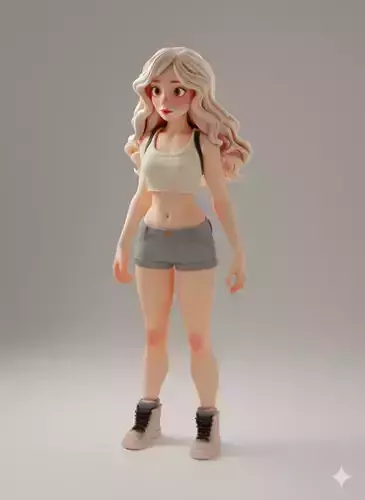 Stylized 3D Girl Cartoonish Female Character Wavy Hair