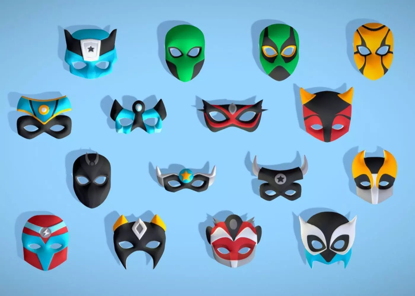 16 Kids Superhero Mask Pack - Cartoon - Stylized Masks Pack Low-poly 3D model