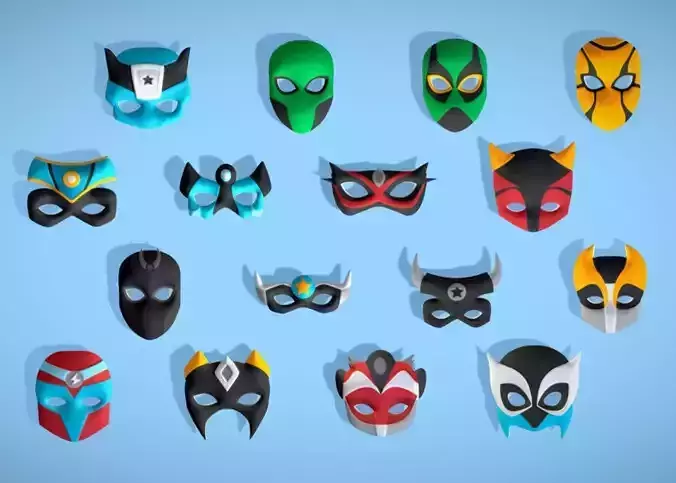 16 Kids Superhero Mask Pack - Cartoon - Stylized Masks Pack Low-poly 3D model