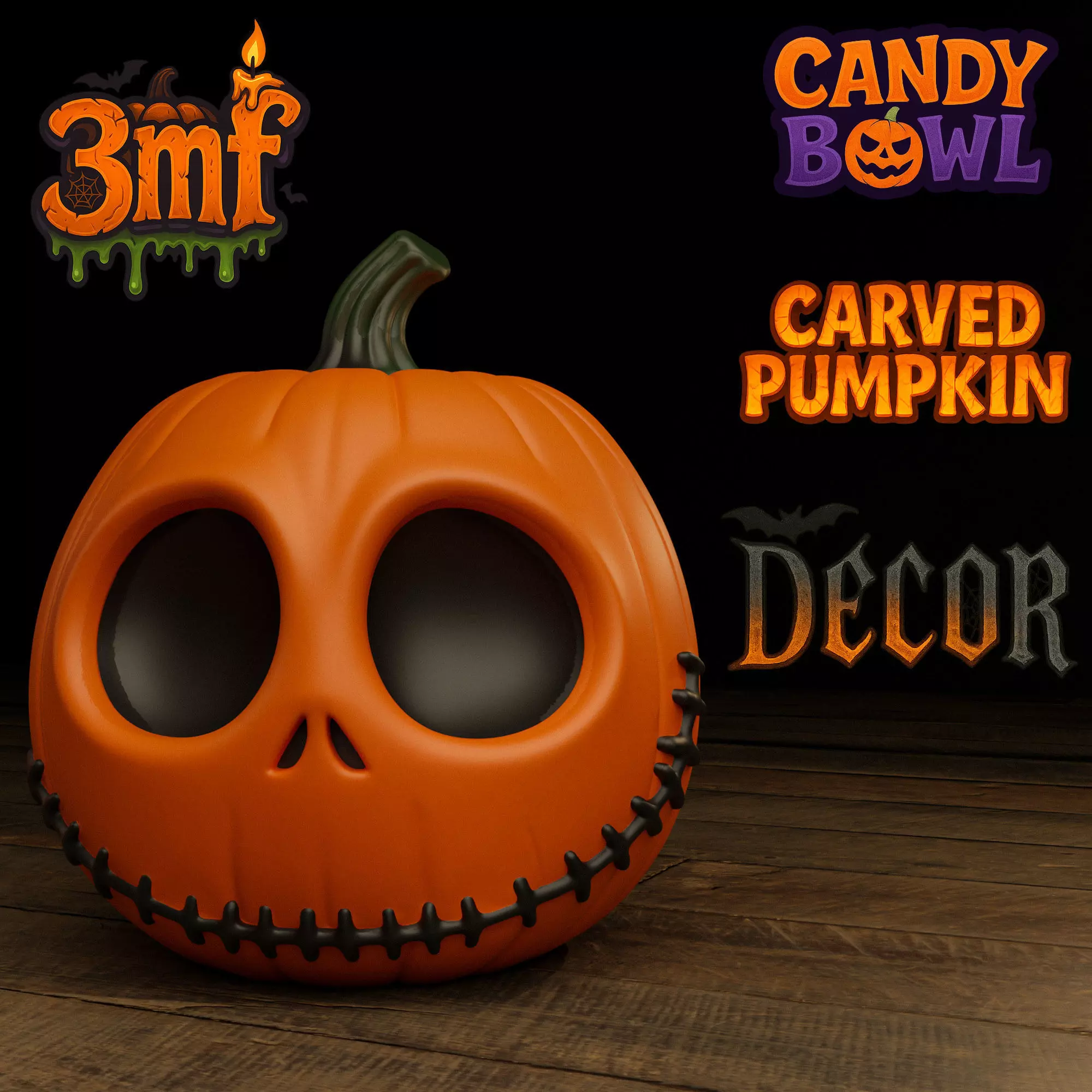 Jack Skellington Pumpkin 3 Versions Decor Carved Candy Bowl 3D print model_8