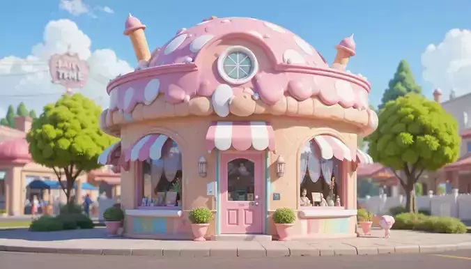 Ice Cream Shop 3D Model Cartoon Stylized Dessert Shop Game-Ready