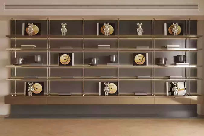 The picture shows a set of metal shelves