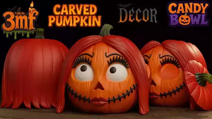 Sally Skellington Pumpkin 3 Versions Decor Carved Candy Bowl 3D print model Sally Skellington Pumpkin 3 Versions Decor Carved Candy Bowl 3D print model