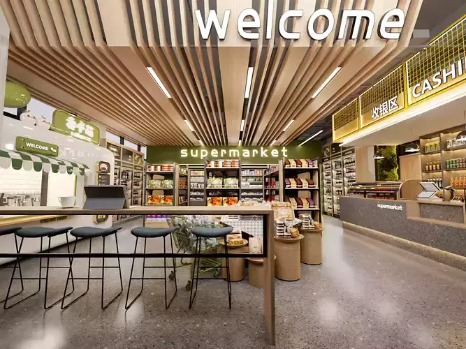 Interior design of supermarket Low-poly 3D model
