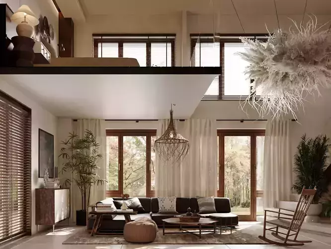 Wabi-sabi style living room dining room and bedroom