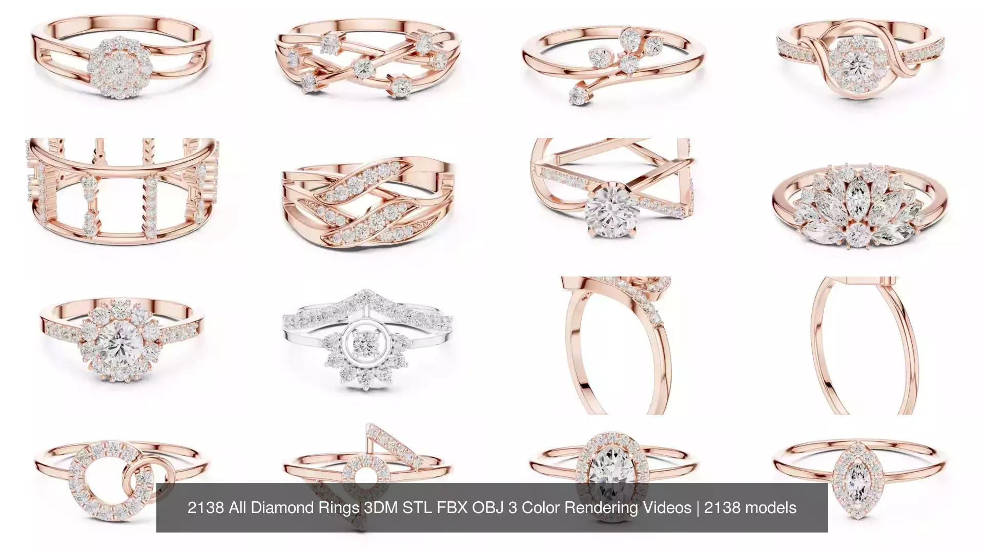 2138 All Diamond Rings 3DM STL FBX OBJ 3 Color Rendering Videos 3D Model Collection_73
