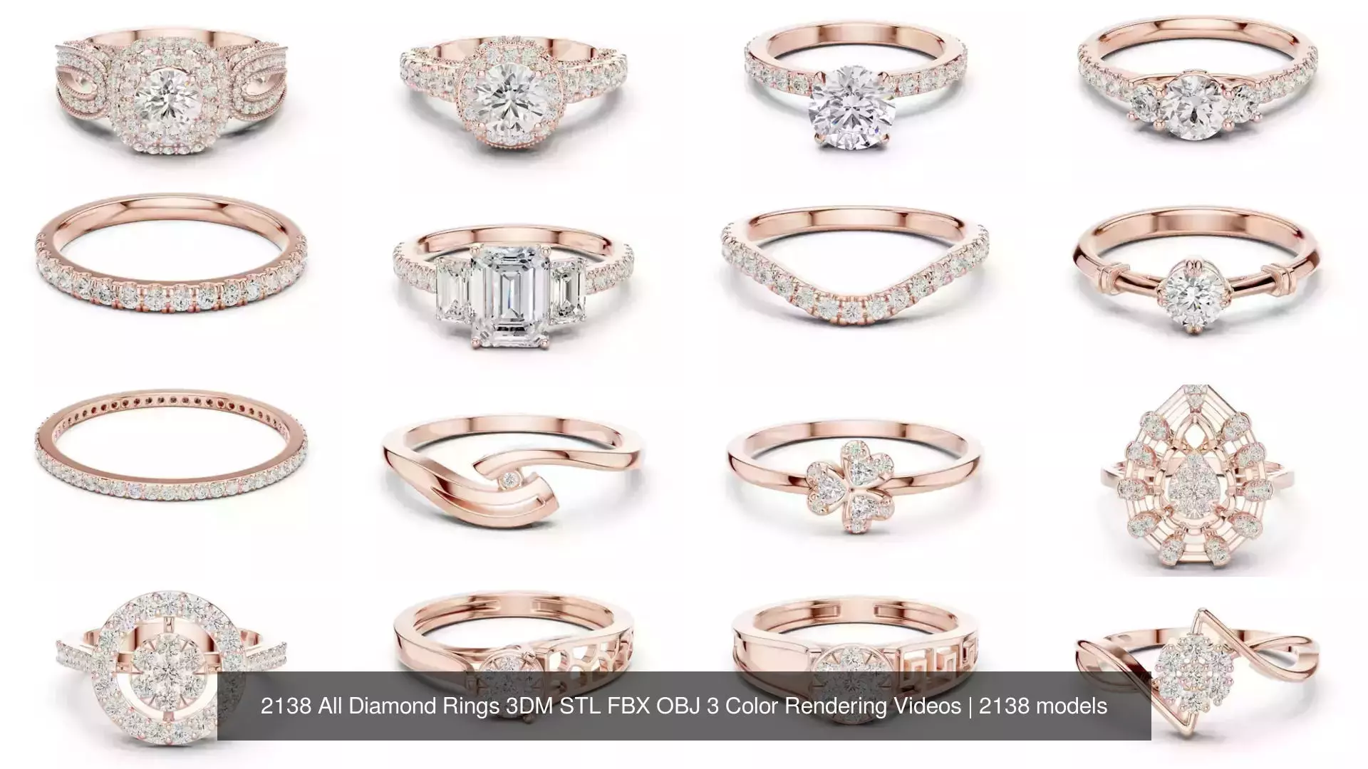 2138 All Diamond Rings 3DM STL FBX OBJ 3 Color Rendering Videos 3D Model Collection_16