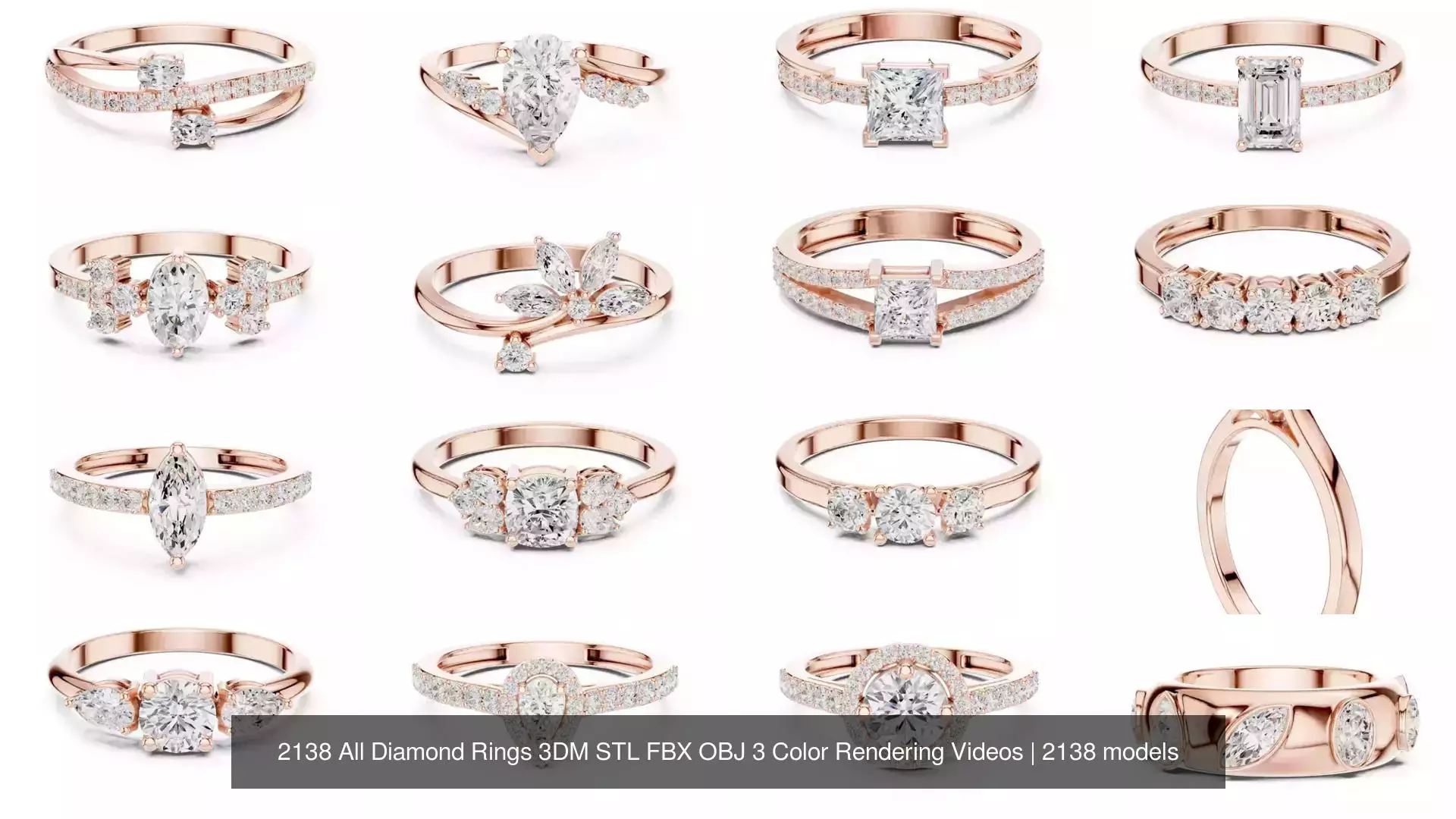 2138 All Diamond Rings 3DM STL FBX OBJ 3 Color Rendering Videos 3D Model Collection_91