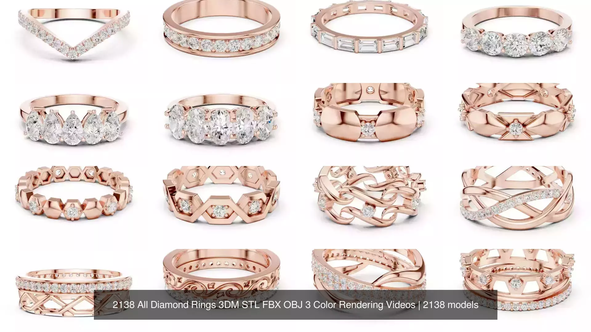 2138 All Diamond Rings 3DM STL FBX OBJ 3 Color Rendering Videos 3D Model Collection_155
