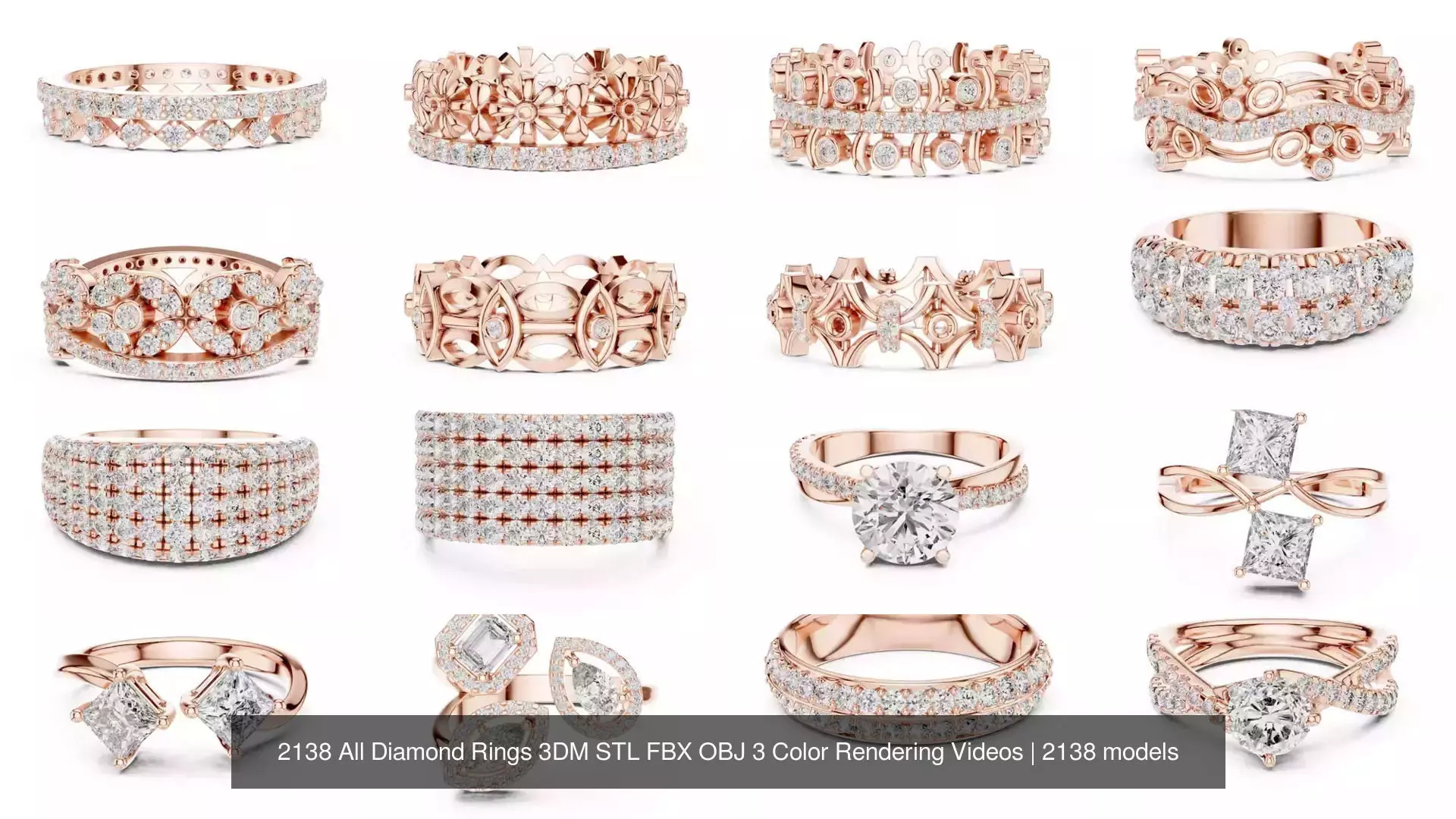 2138 All Diamond Rings 3DM STL FBX OBJ 3 Color Rendering Videos 3D Model Collection_184