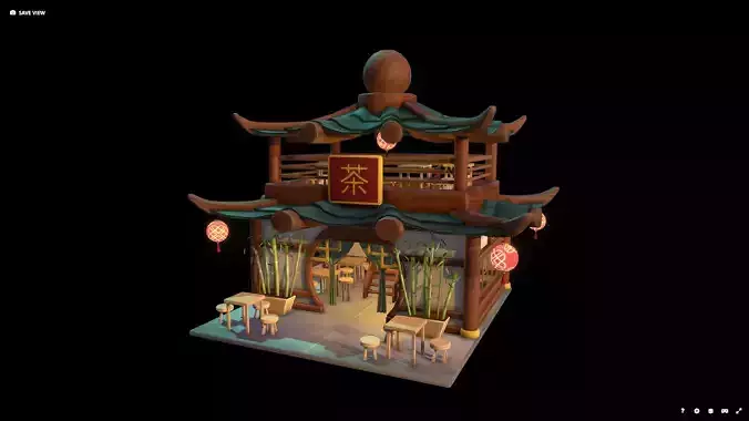 Stylized Chinese Teahouse Diorama Low-poly 3D model
