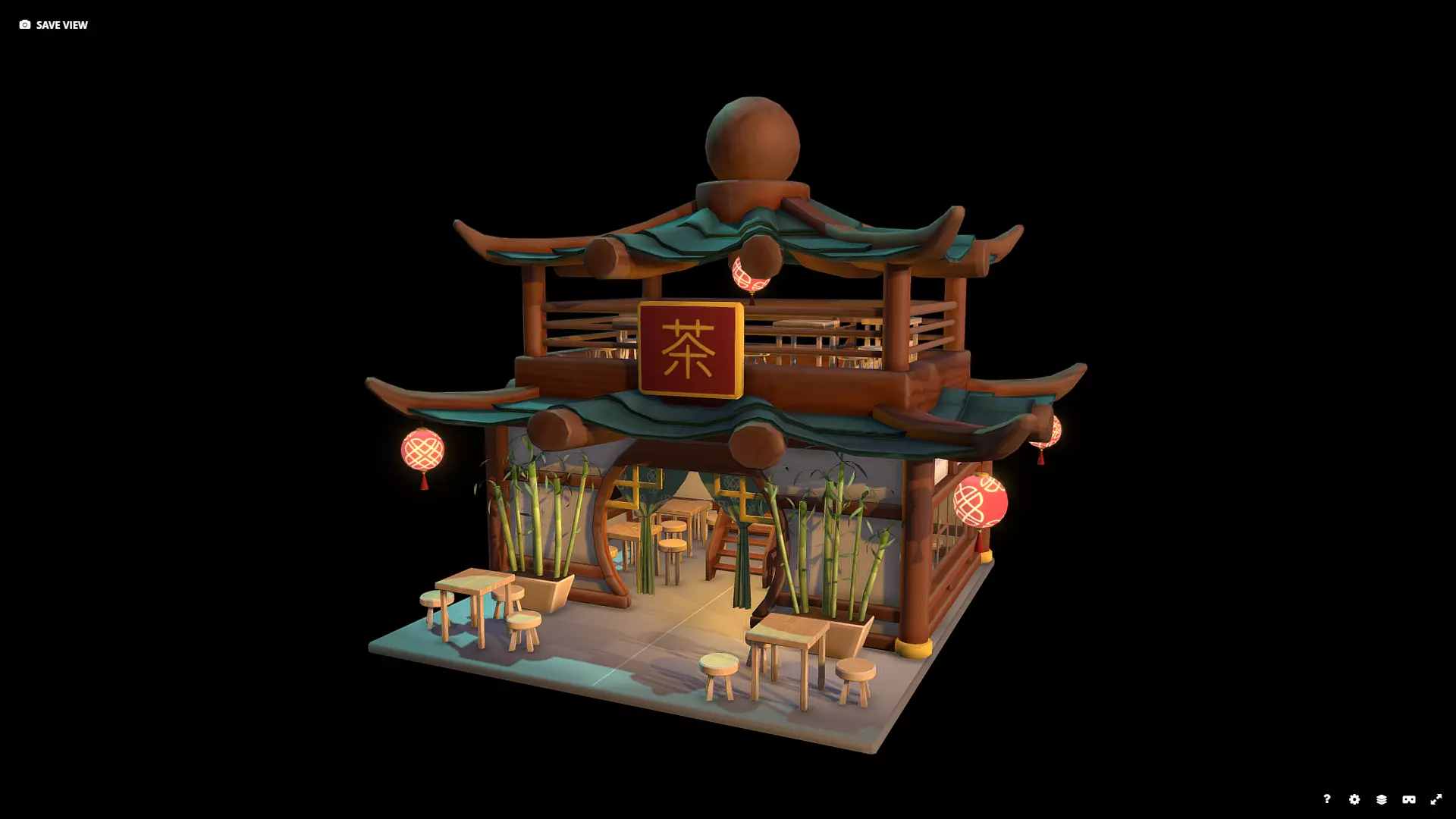 Stylized Chinese Teahouse Diorama Low-poly 3D model_0