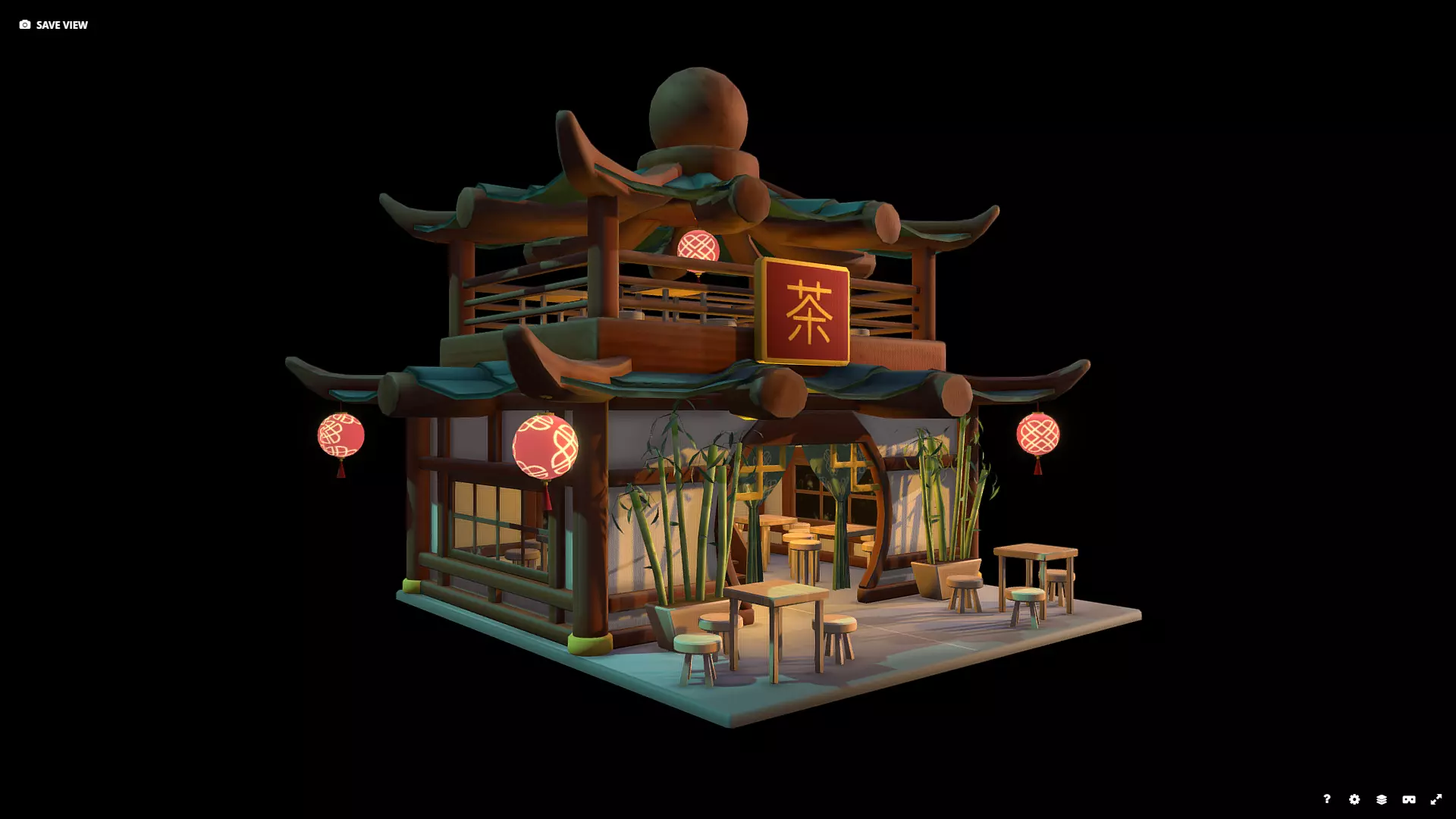 Stylized Chinese Teahouse Diorama Low-poly 3D model_2