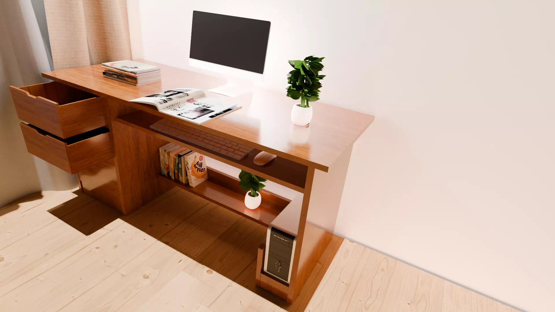 Modern Wooden Office Desk Setup 3D Model Free 3D model_2