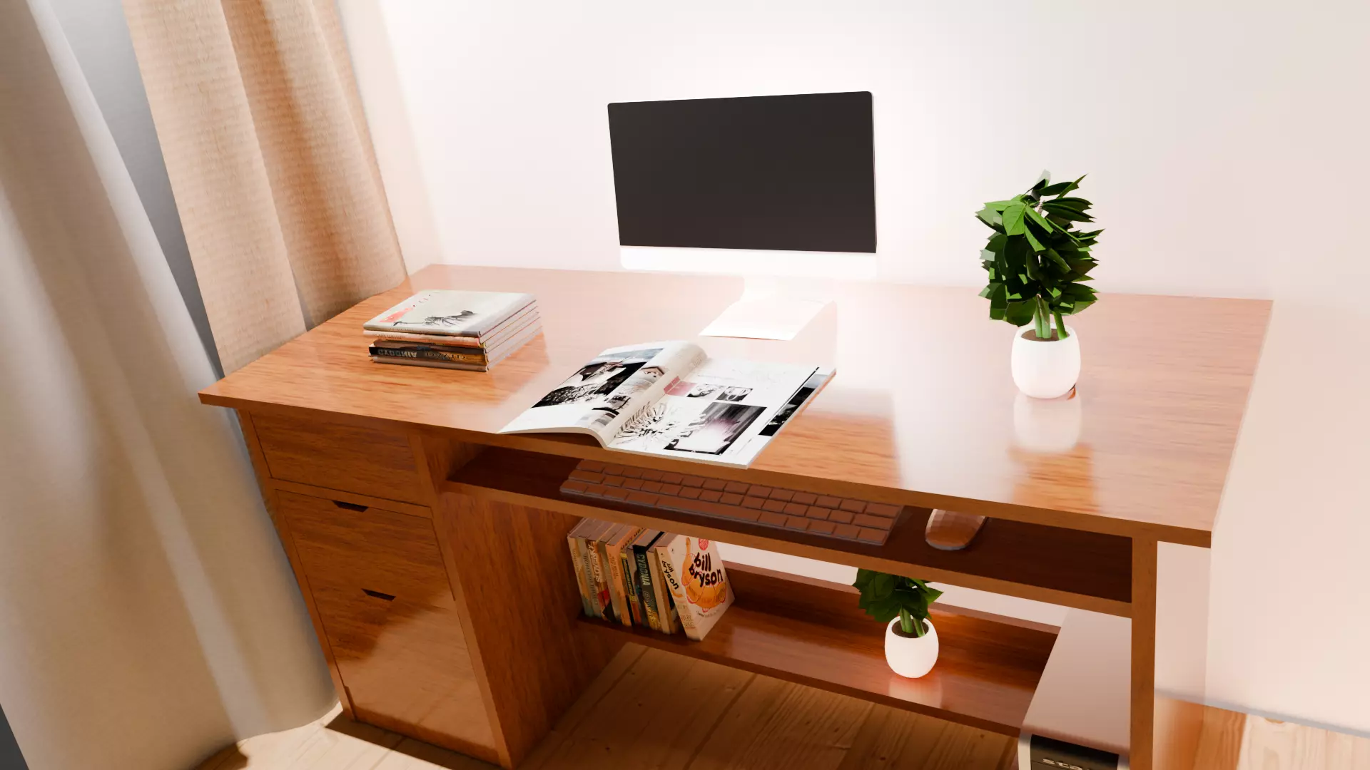 Modern Wooden Office Desk Setup 3D Model Free 3D model_4