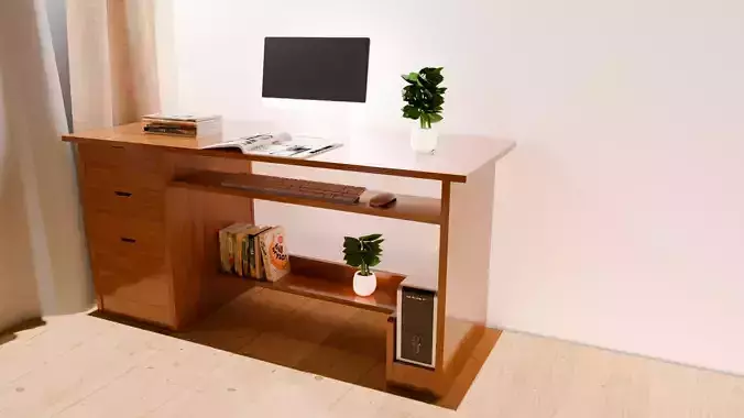 Modern Wooden Office Desk Setup  3D Model