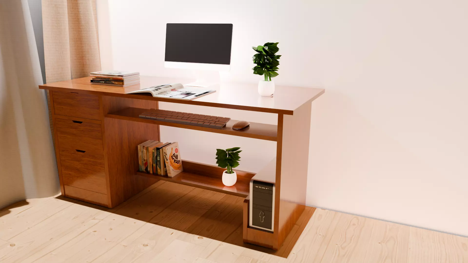 Modern Wooden Office Desk Setup 3D Model Free 3D model_0