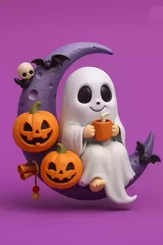 Ghost Drinking Hot Chocolate on Spooky Moon