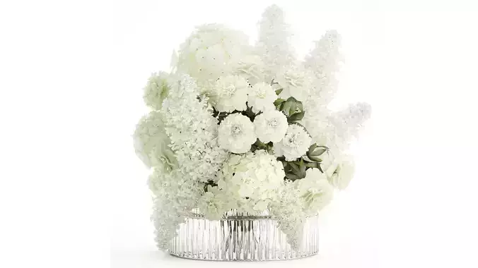 Realistic Bouquet White Flowers Lilac Hydrangea peony vase glass