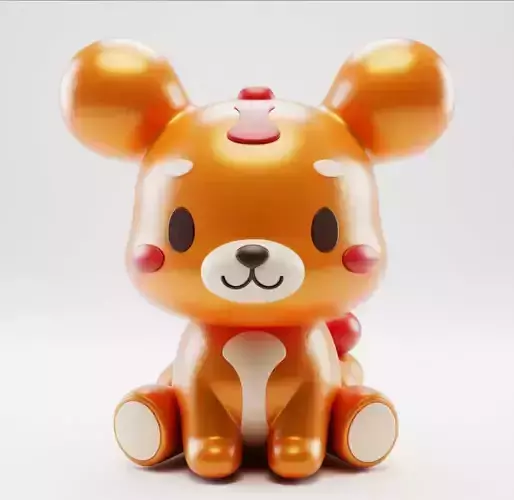 Cute Orange Bear Toy Stylized Cartoonish Cub Red Accents 3D
