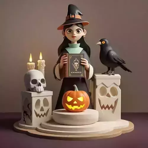 2378Halloween Witch with  Skull  Raven and Pumpkin 3D print model