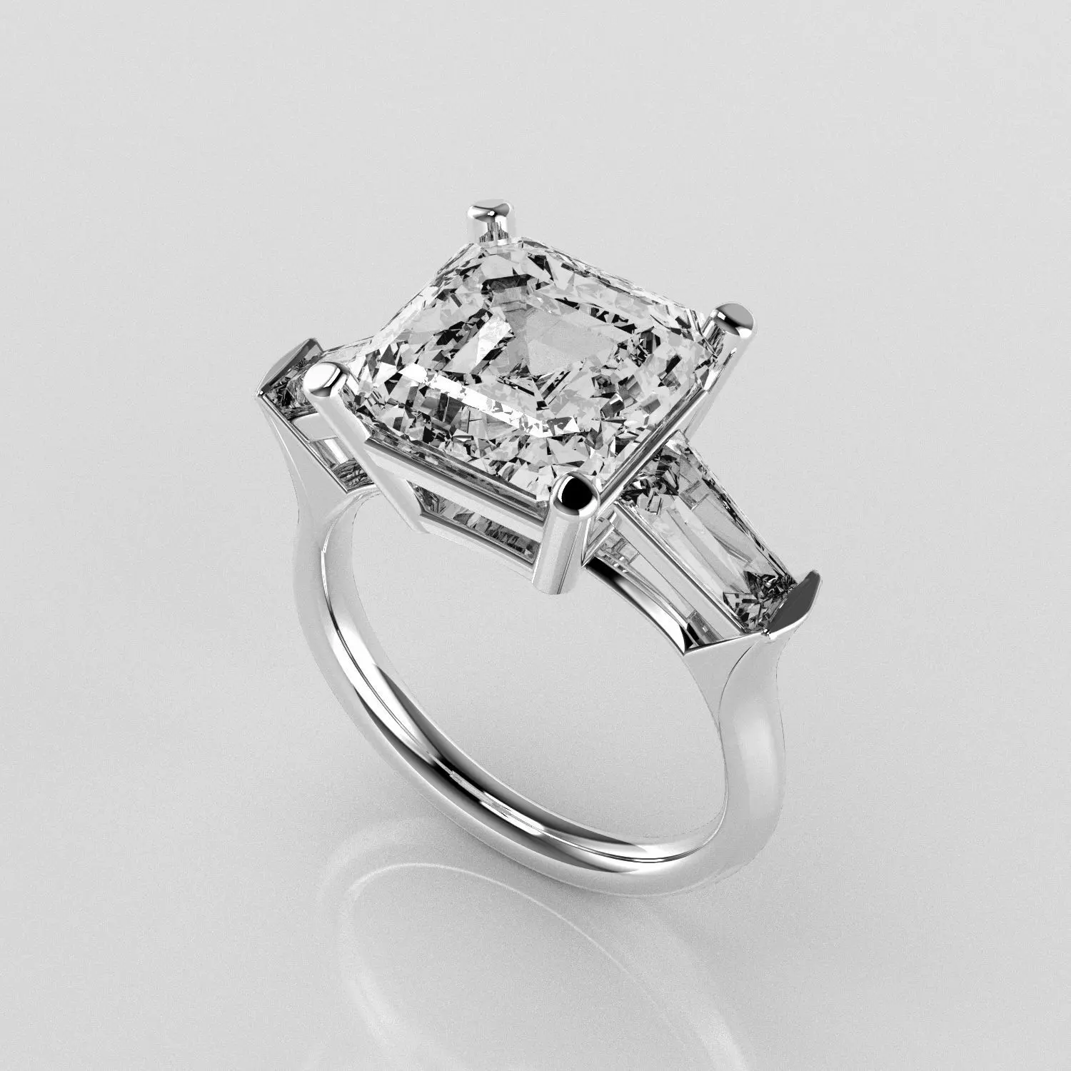 Classic Three Stone Ring - 10 mm Ascher cut - Tapered Baguettes 3D print model_0