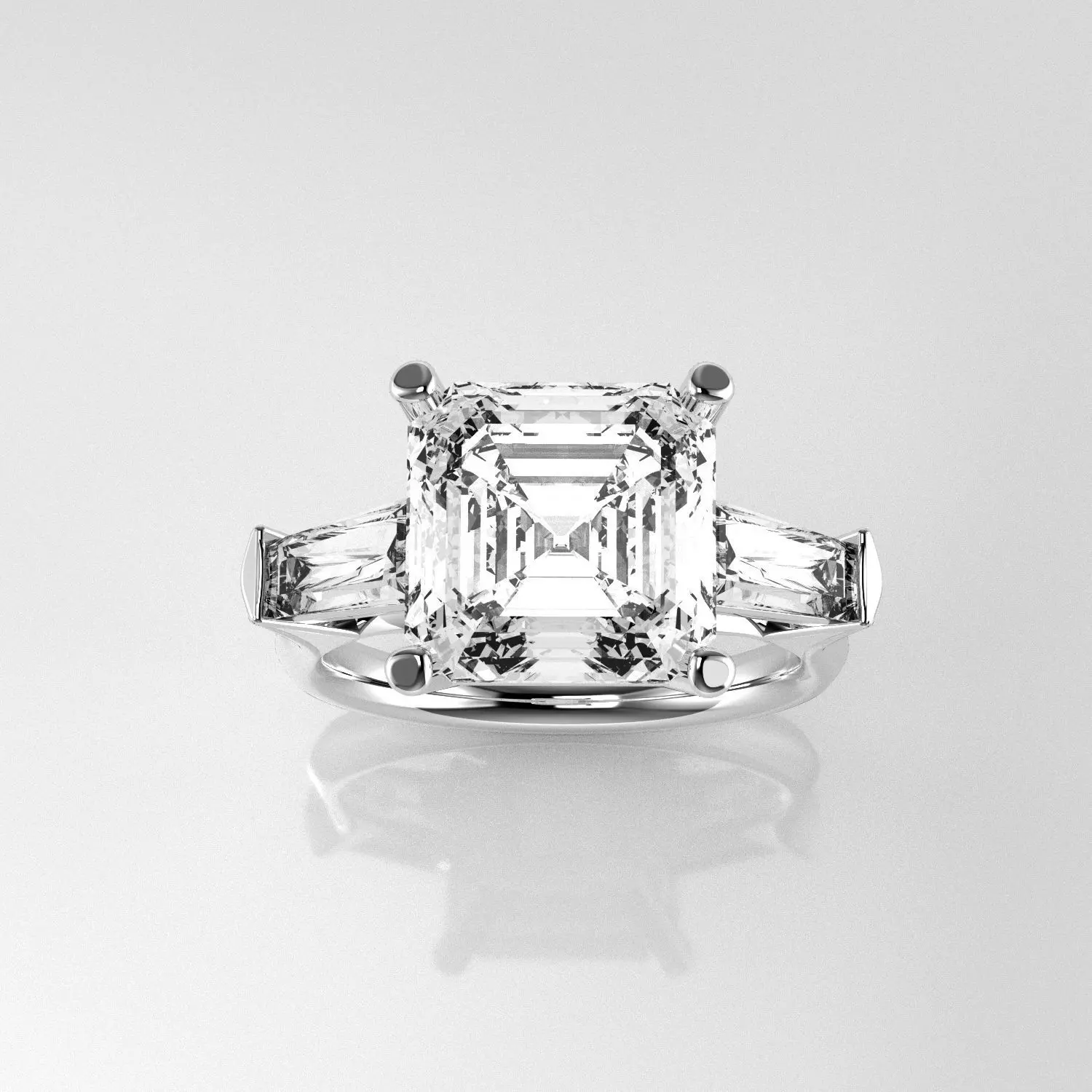 Classic Three Stone Ring - 10 mm Ascher cut - Tapered Baguettes 3D print model_1