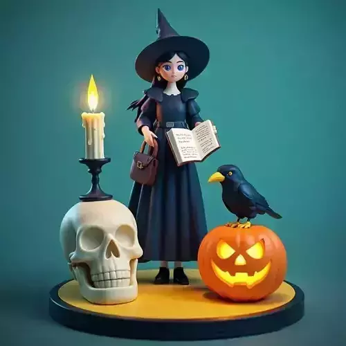 2379Halloween Witch with Skull  Raven and Pumpkin