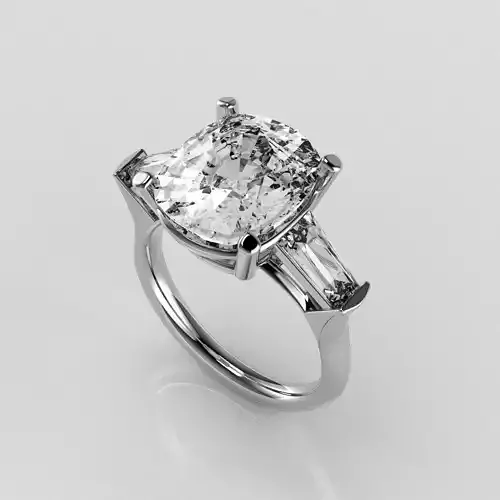 Classic Three Stone Ring - 12 x 10 mm Cushion - Tapered Baguette
