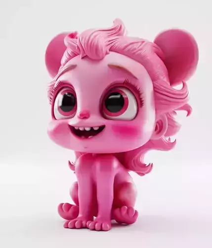 Cute Pink Cat 3D Model Cartoon Character Big Eyes Curly Hair