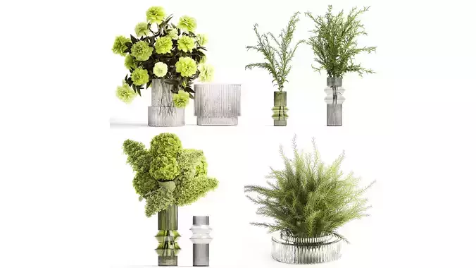 Realistic Green Bouquets Flowers Hydrangea Lilac glass vase 635 3D model