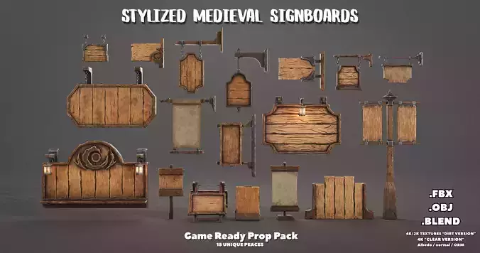 Stylized Medieval Signboards  Game Ready Prop Pack  18 PEACES