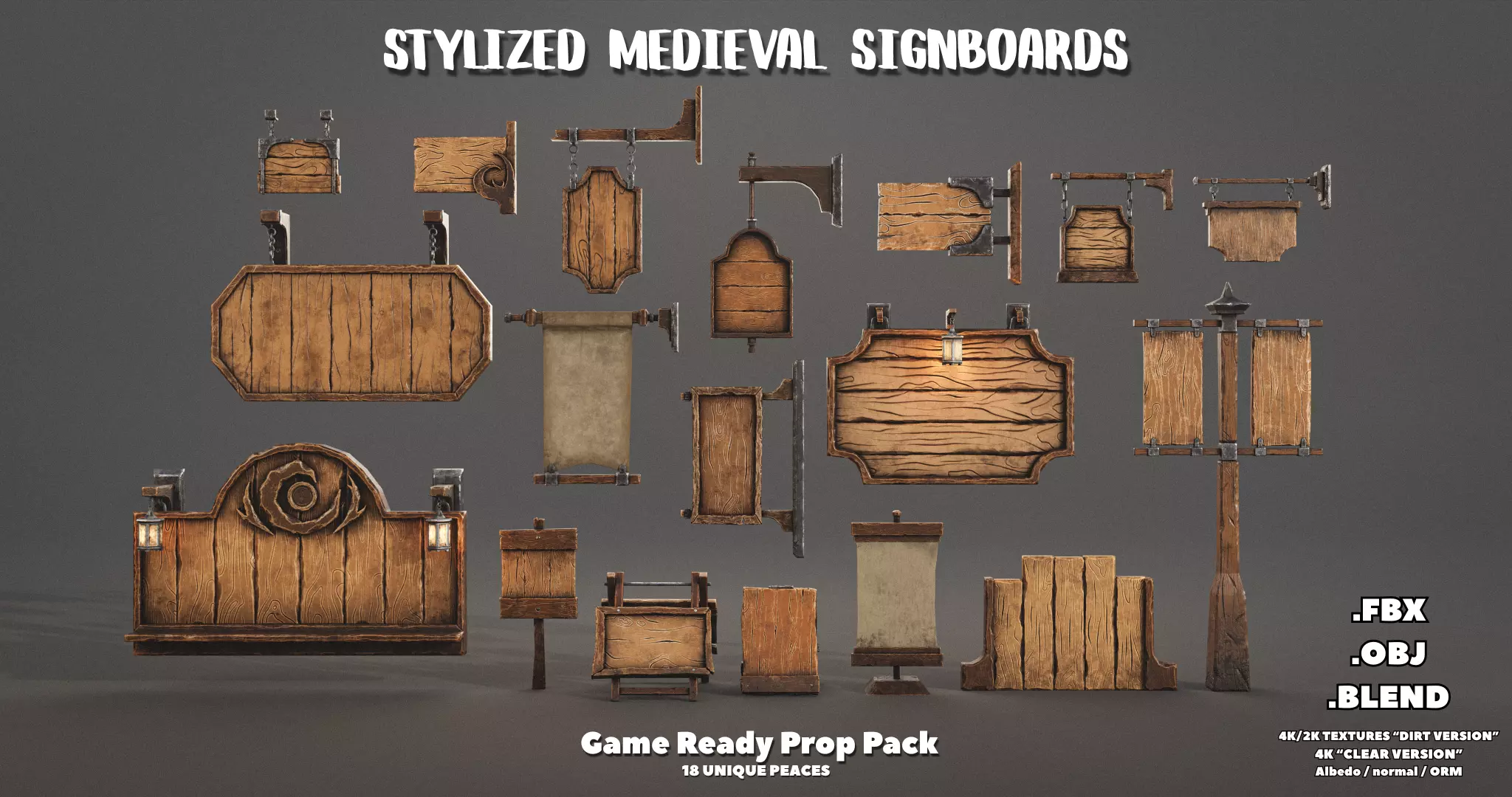 Stylized Medieval Signboards Game Ready Prop Pack 18 PEACES Low-poly 3D model_0