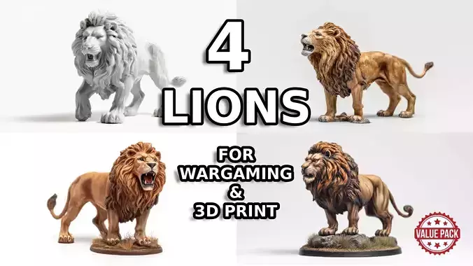 4 Lions For Wargaming - Perfect For 3D Print