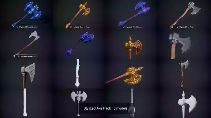 Stylized Axe Pack Five Axes Low Poly PBR