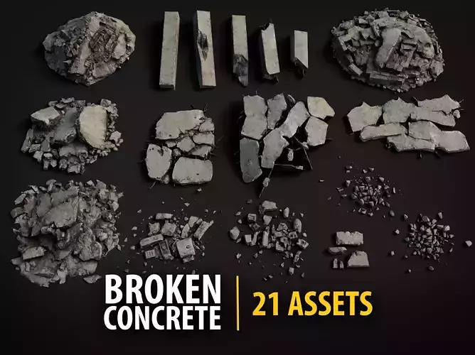 Broken Concrete Rubble Pack - 21 Assets PBR Game Ready