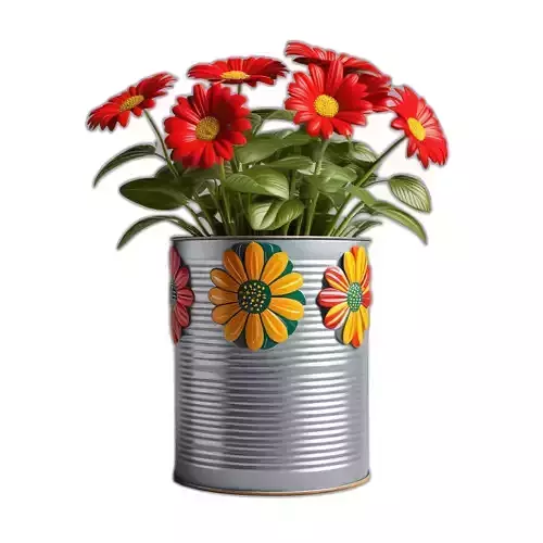 Red Gerbera Flowers in Metal Pot