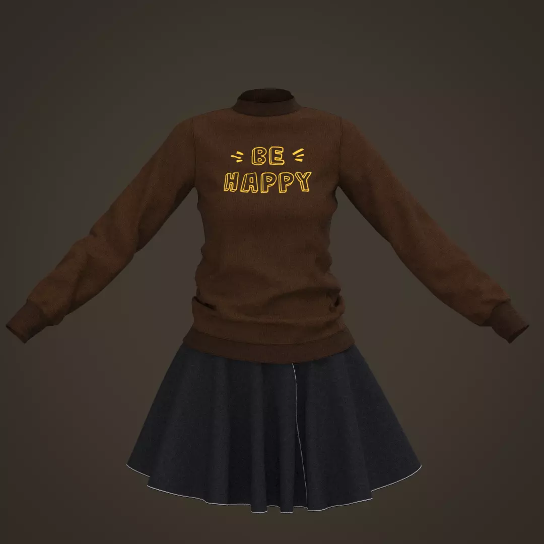 3D Female Outfit Brown Sweater with Skirt 3D model_0