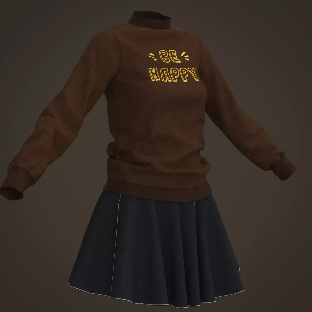 3D Female Outfit Brown Sweater with Skirt 3D model_5