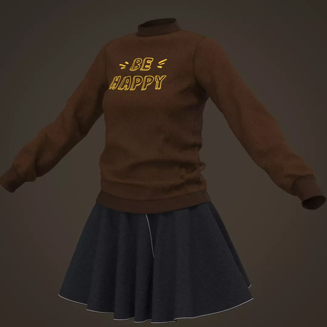 3D Female Outfit Brown Sweater with Skirt 3D model_2