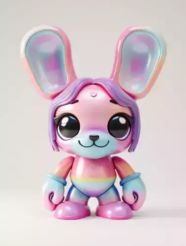 Rainbow Bunny 3D Iridescent Character Big Eyes Heart Mark